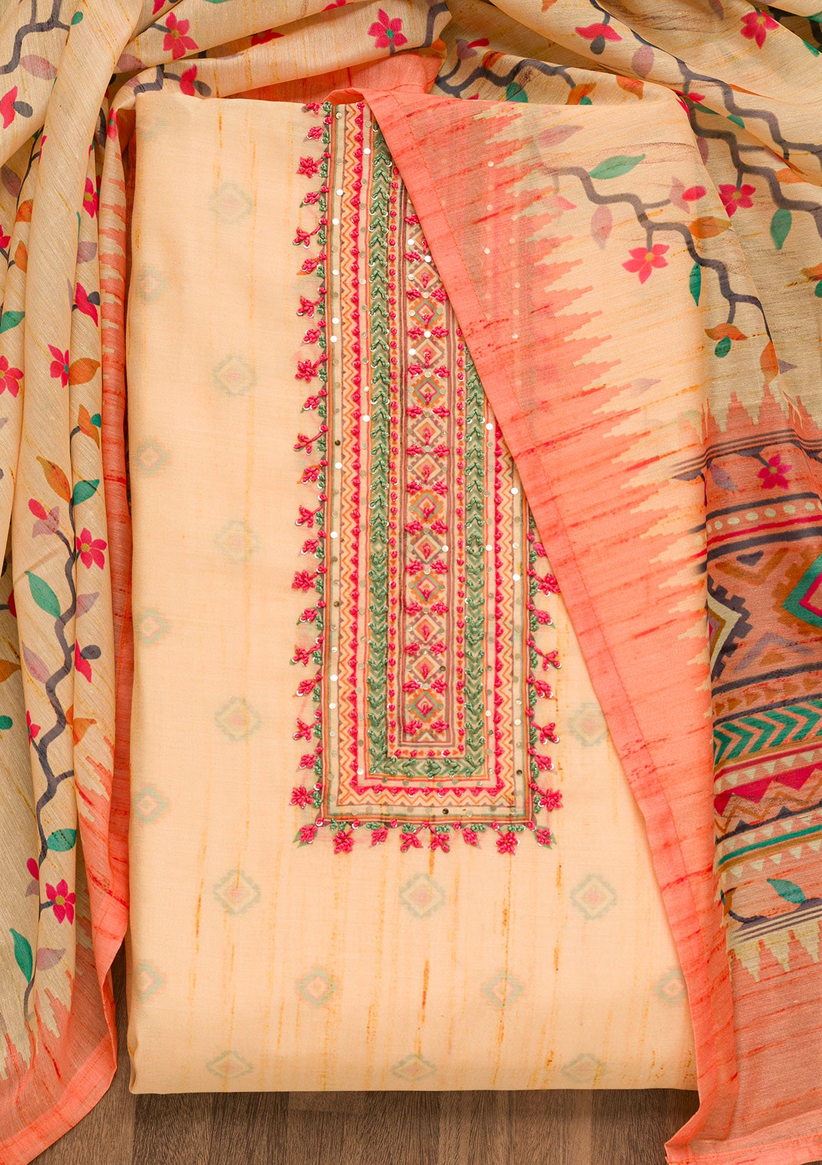 Yellow Threadwork Chanderi Unstitched Salwar Suit