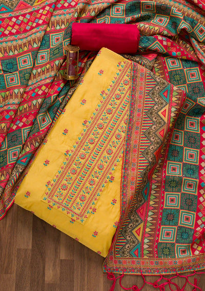 Yellow Threadwork Chanderi Silk Unstitched Salwar Suit-Koskii