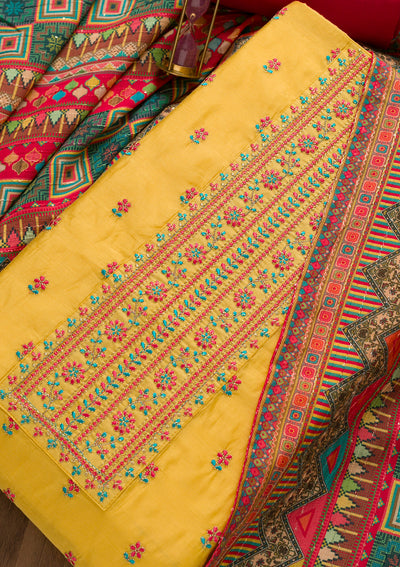 Yellow Threadwork Chanderi Silk Unstitched Salwar Suit