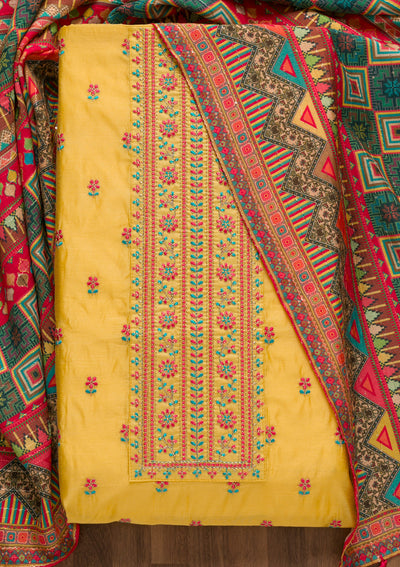 Yellow Threadwork Semi Crepe Unstitched Salwar Suit
