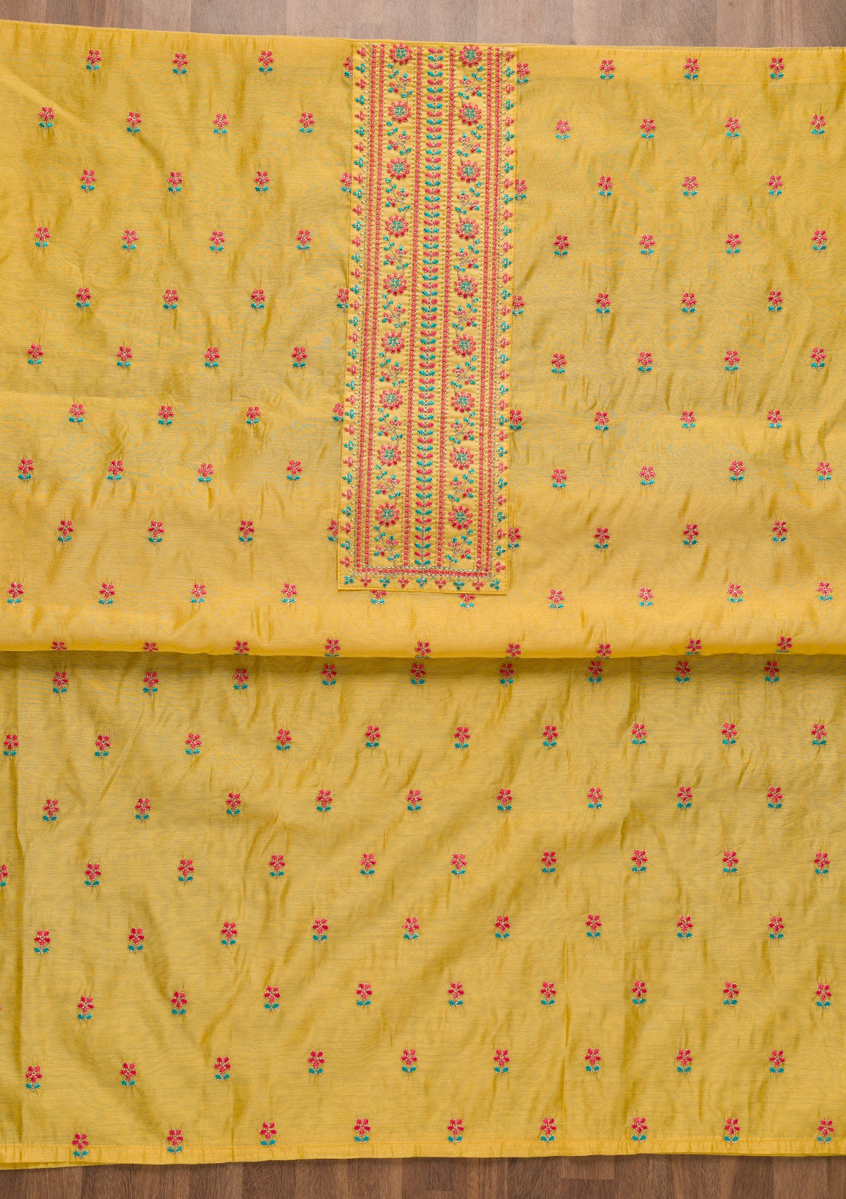 Yellow Threadwork Chanderi Silk Unstitched Salwar Suit