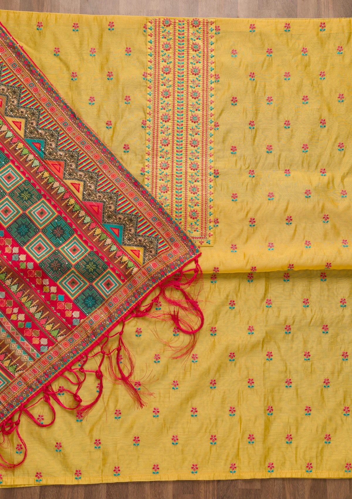 Yellow Threadwork Semi Crepe Unstitched Salwar Suit