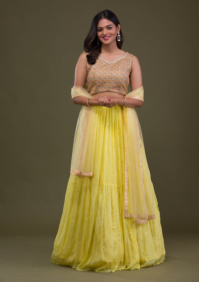 Yellow Threadwork Chiffon Readymade Lehenga-Koskii