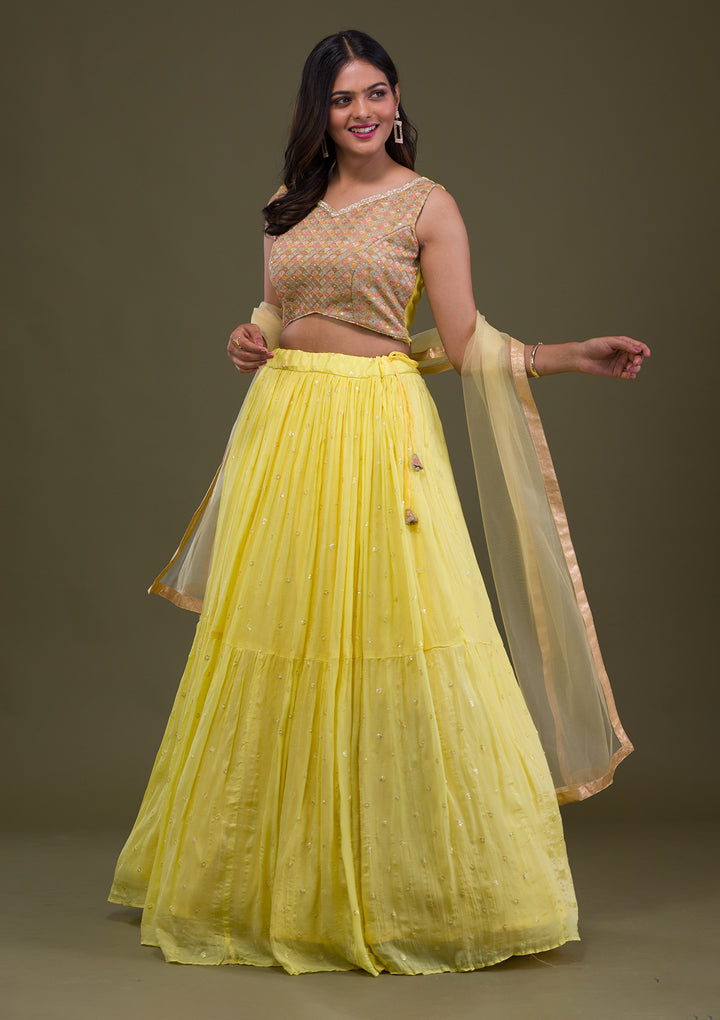 Yellow Threadwork Chiffon Readymade Lehenga-Koskii