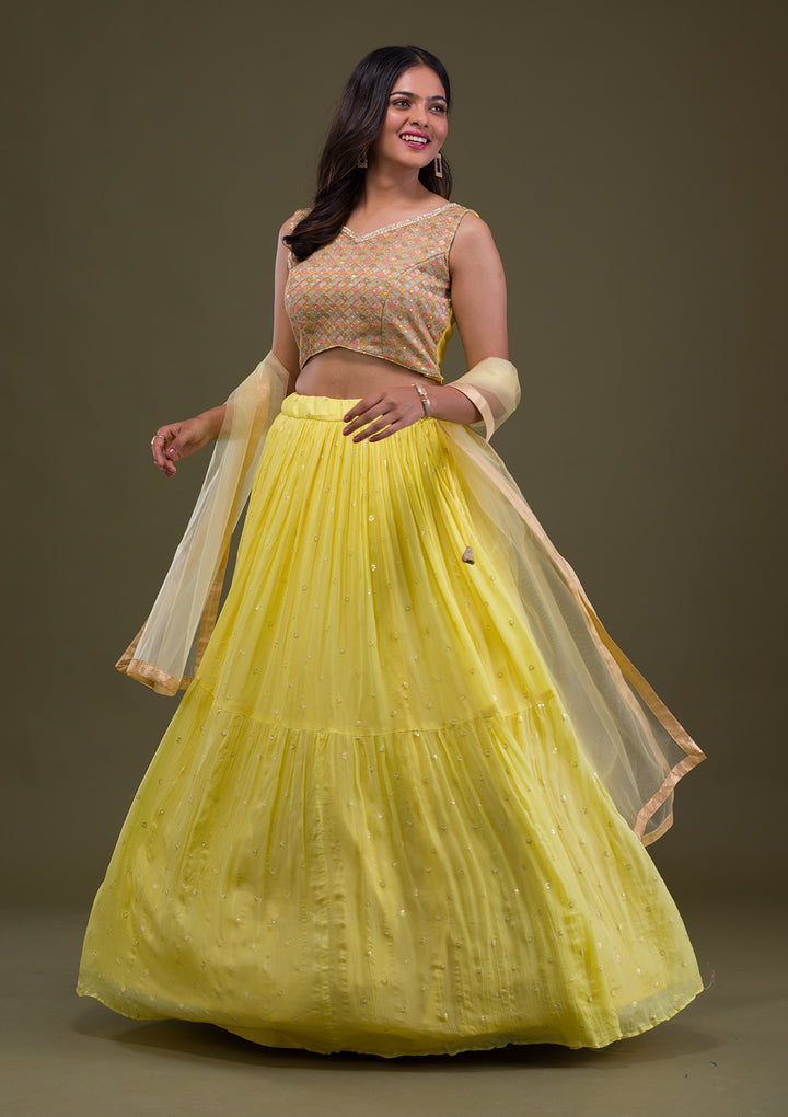 Yellow Threadwork Chiffon Readymade Lehenga-Koskii
