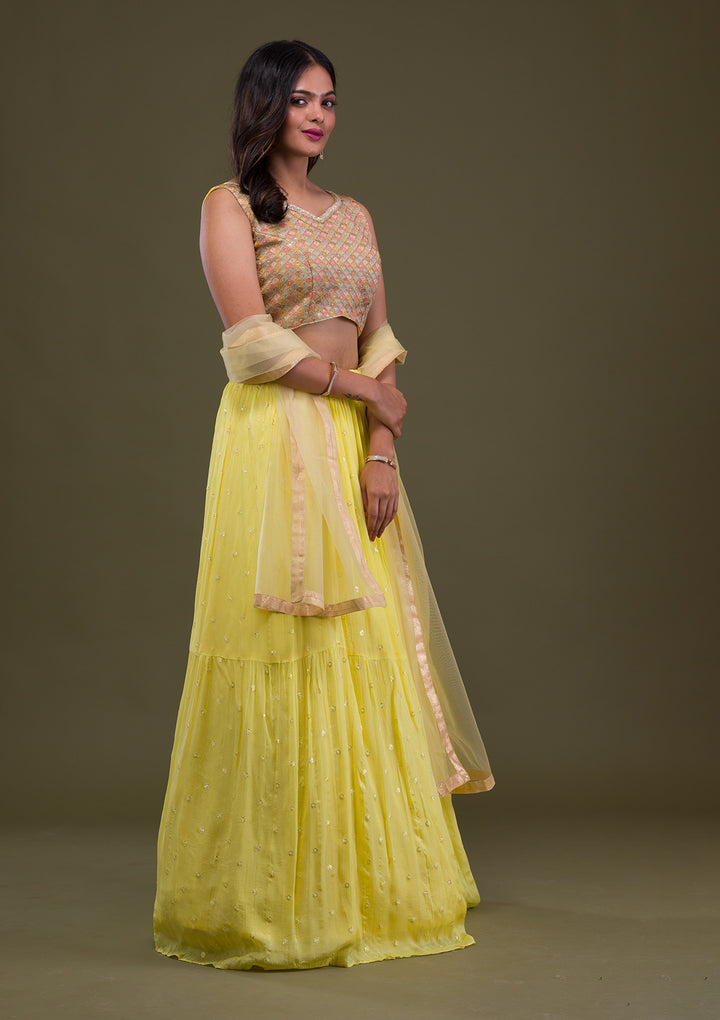 Yellow Threadwork Chiffon Readymade Lehenga-Koskii
