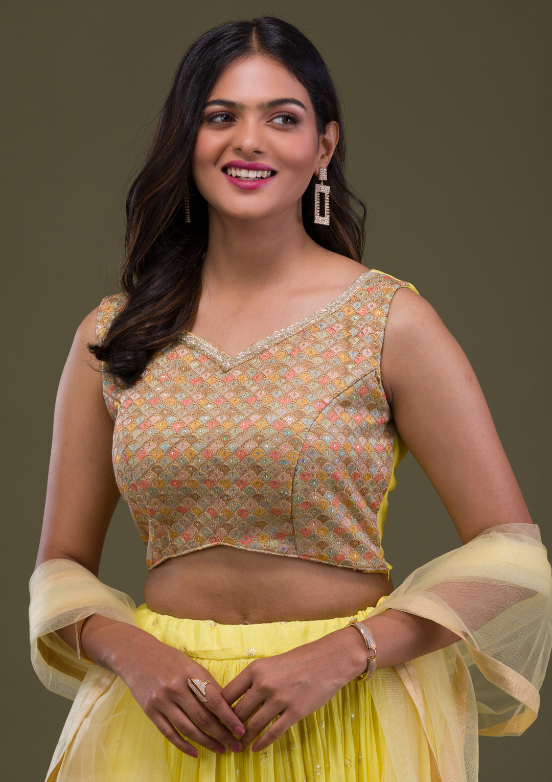 Yellow Threadwork Chiffon Readymade Lehenga-Koskii