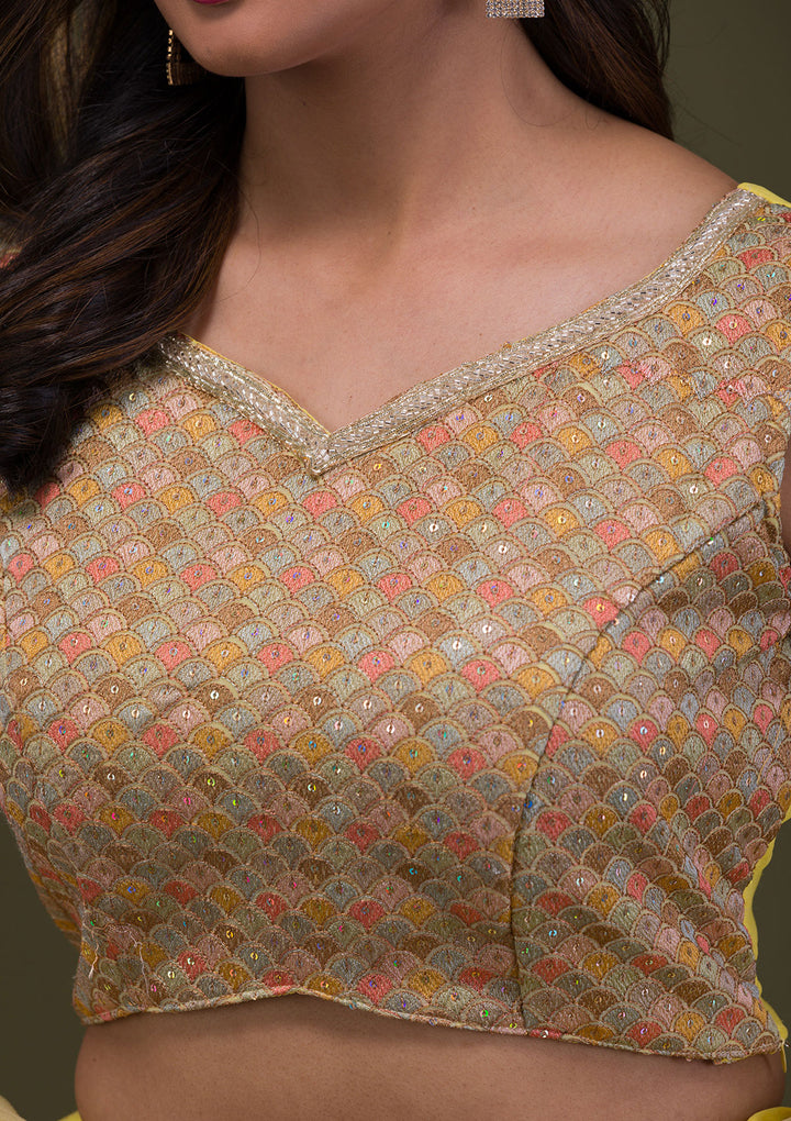 Yellow Threadwork Chiffon Readymade Lehenga-Koskii