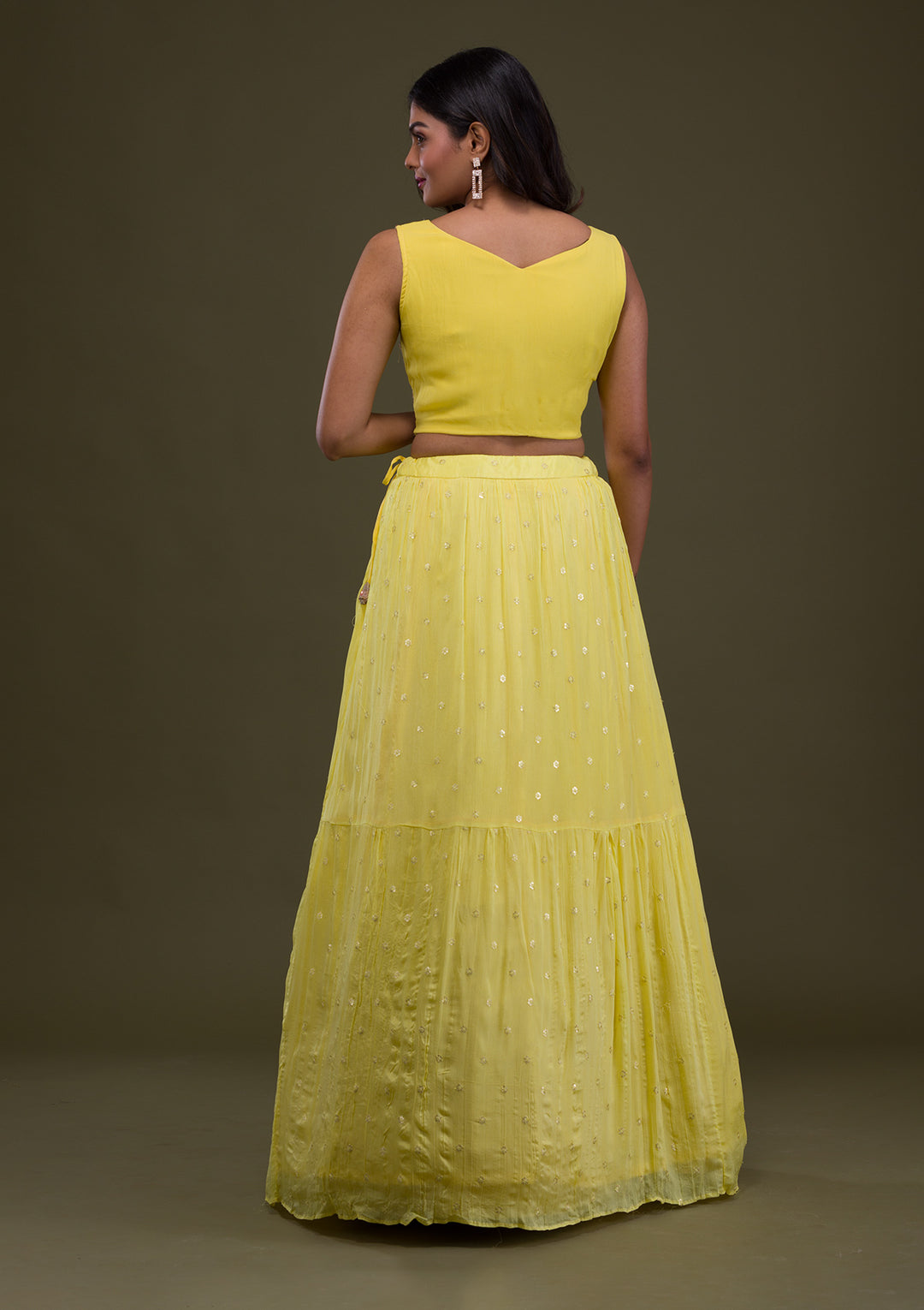 Yellow Threadwork Chiffon Readymade Lehenga