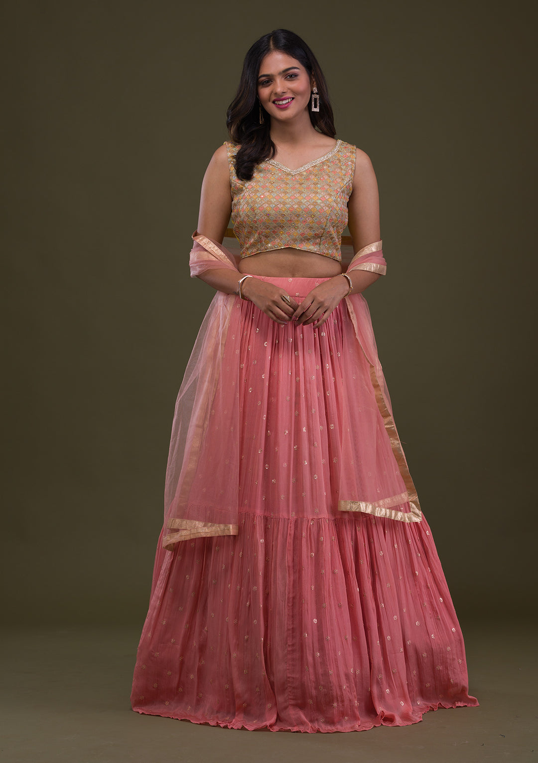 Yellow Threadwork Chiffon Readymade Lehenga-Koskii