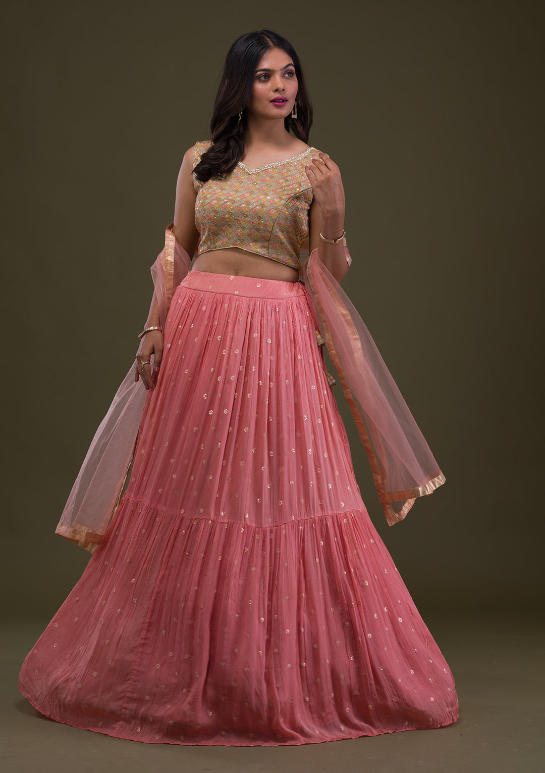 Yellow Threadwork Chiffon Readymade Lehenga-Koskii