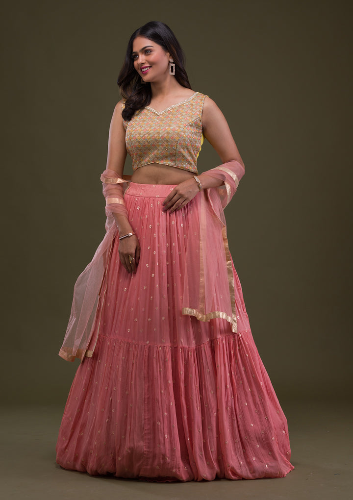 Yellow Threadwork Chiffon Readymade Lehenga-Koskii
