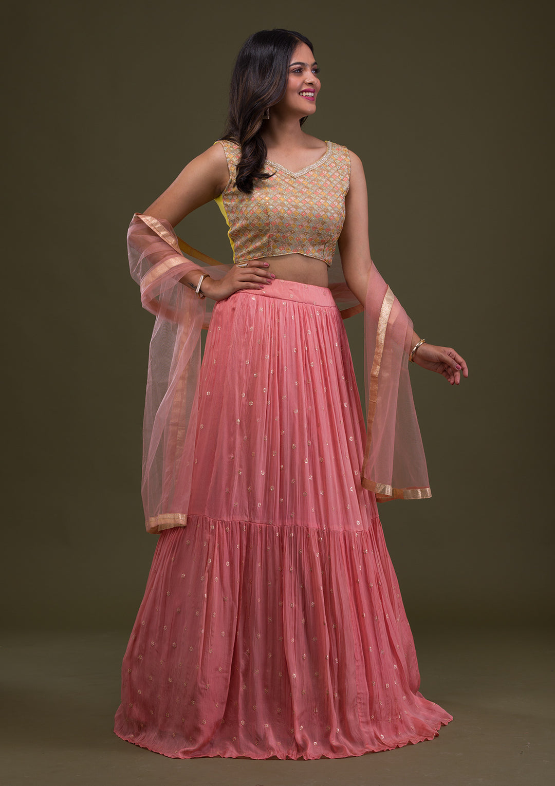 Yellow Threadwork Chiffon Readymade Lehenga-Koskii