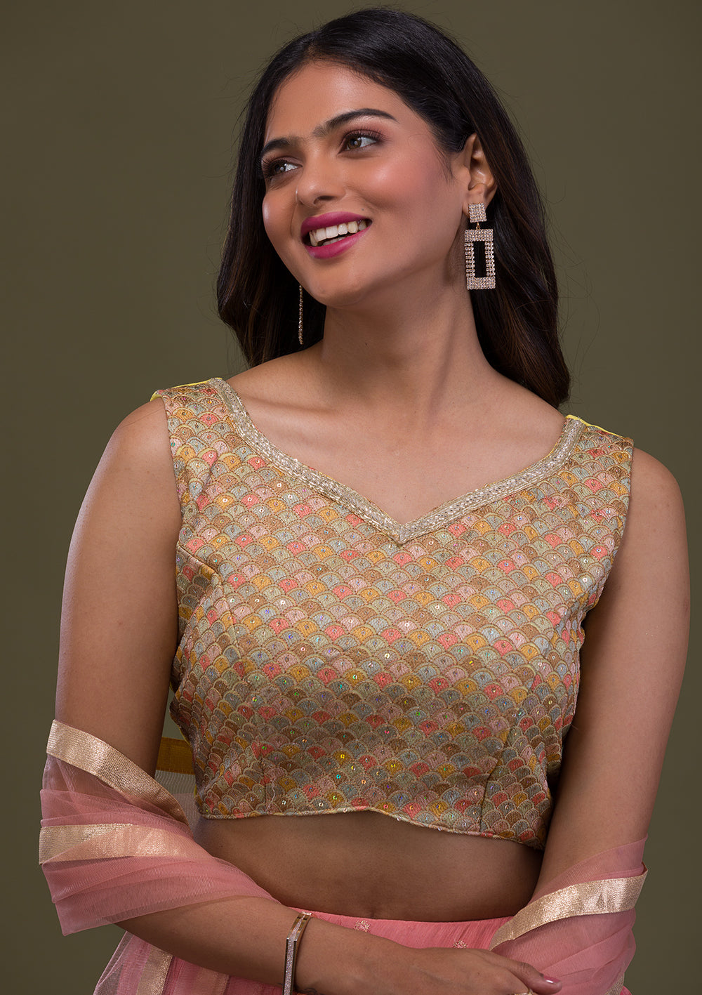 Yellow Threadwork Chiffon Readymade Lehenga-Koskii