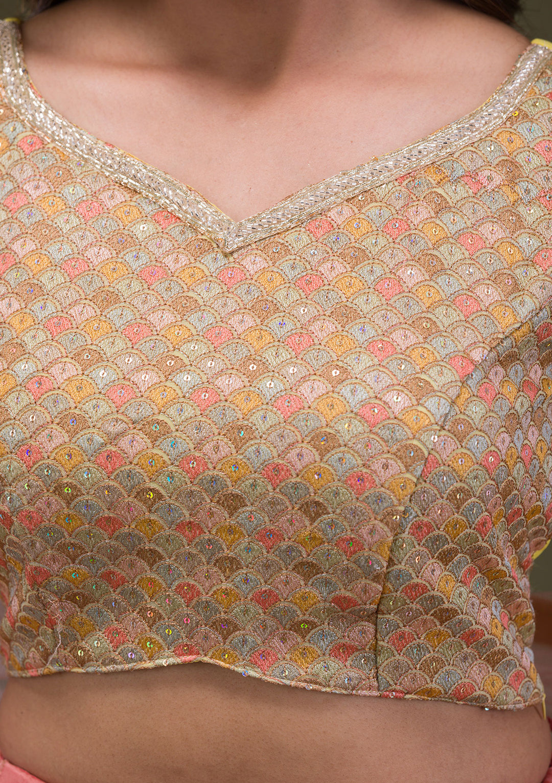 Yellow Threadwork Chiffon Readymade Lehenga-Koskii