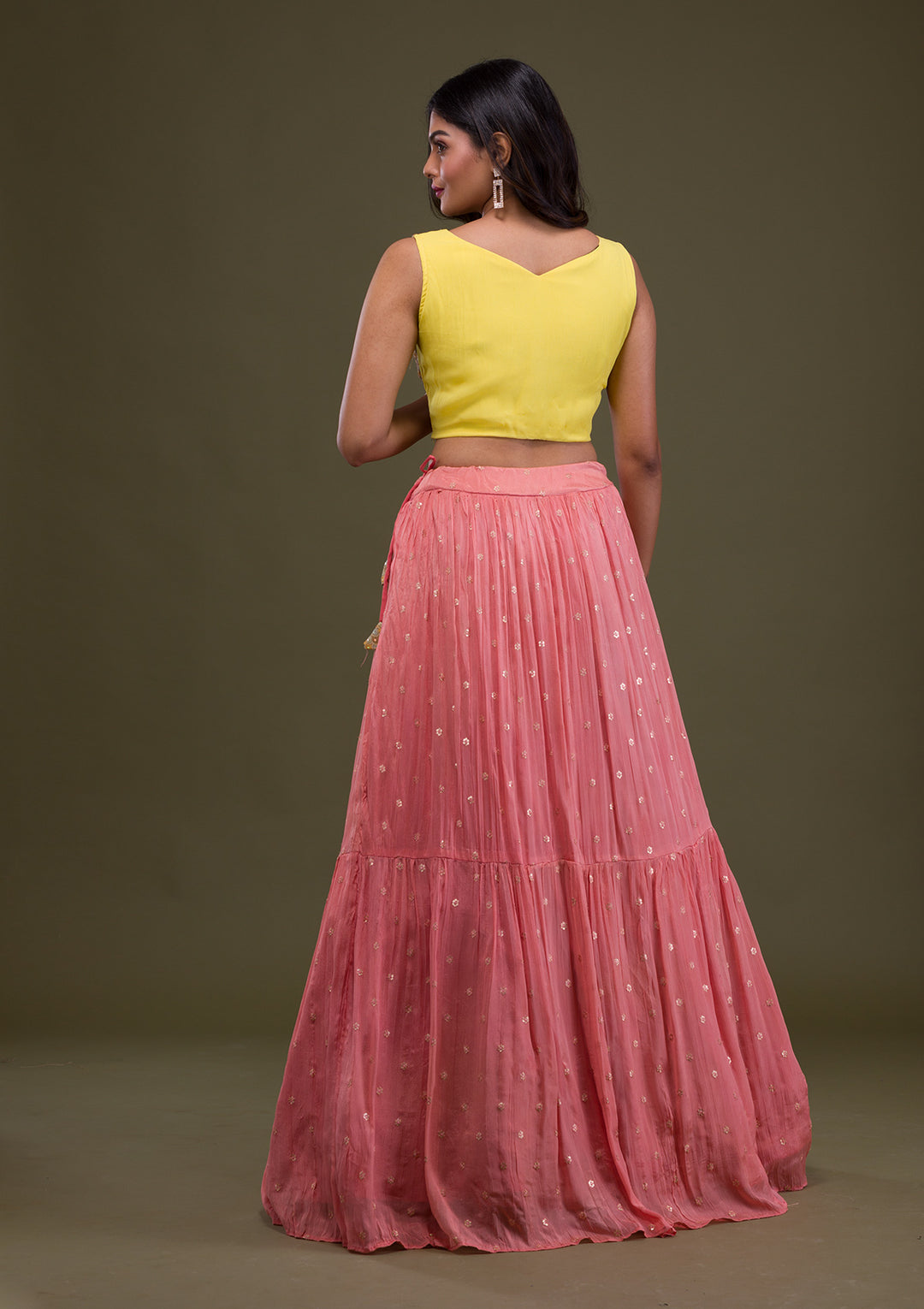 Yellow Threadwork Chiffon Readymade Lehenga