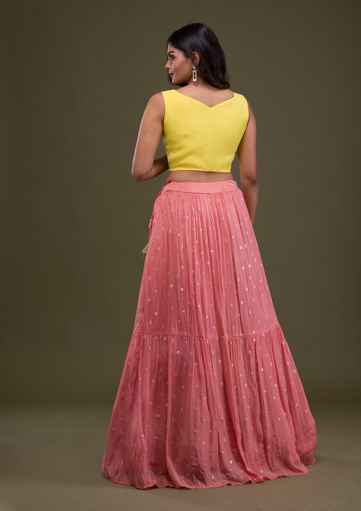 Yellow Threadwork Chiffon Readymade Lehenga