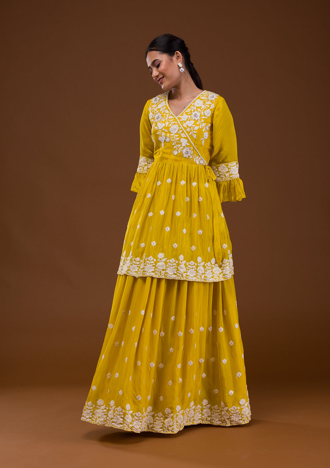 Yellow Threadwork Chiffon Readymade Salwar Suit