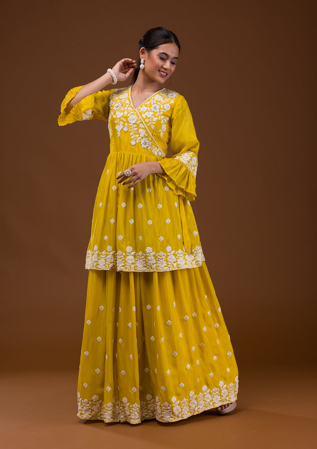 Yellow Threadwork Chiffon Readymade Salwar Suit