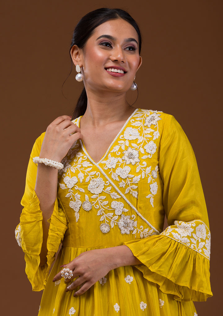 Yellow Threadwork Chiffon Readymade Salwar Suit