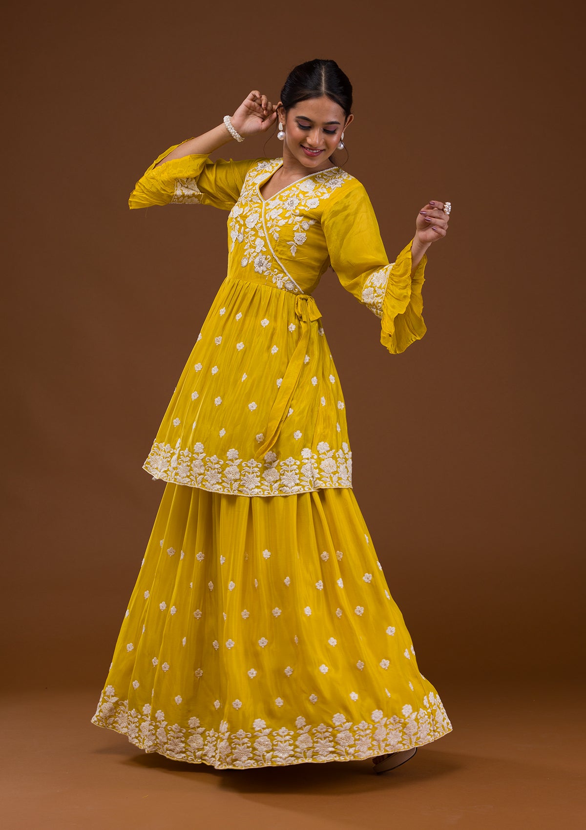 Yellow Threadwork Chiffon Readymade Salwar Suit