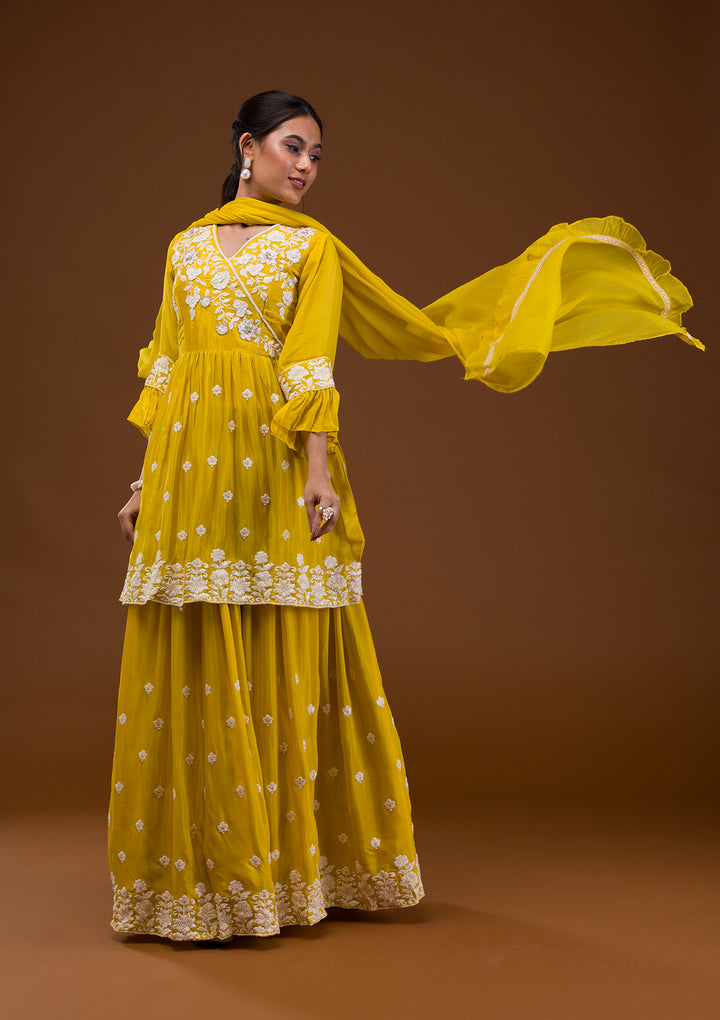 Yellow Threadwork Chiffon Readymade Salwar Suit