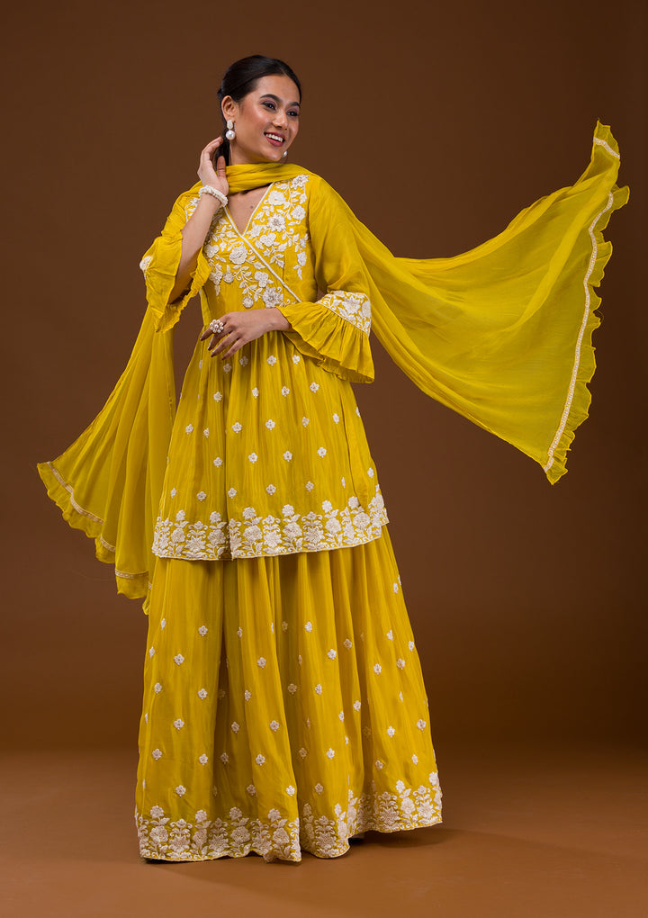 Yellow Threadwork Chiffon Readymade Salwar Suit