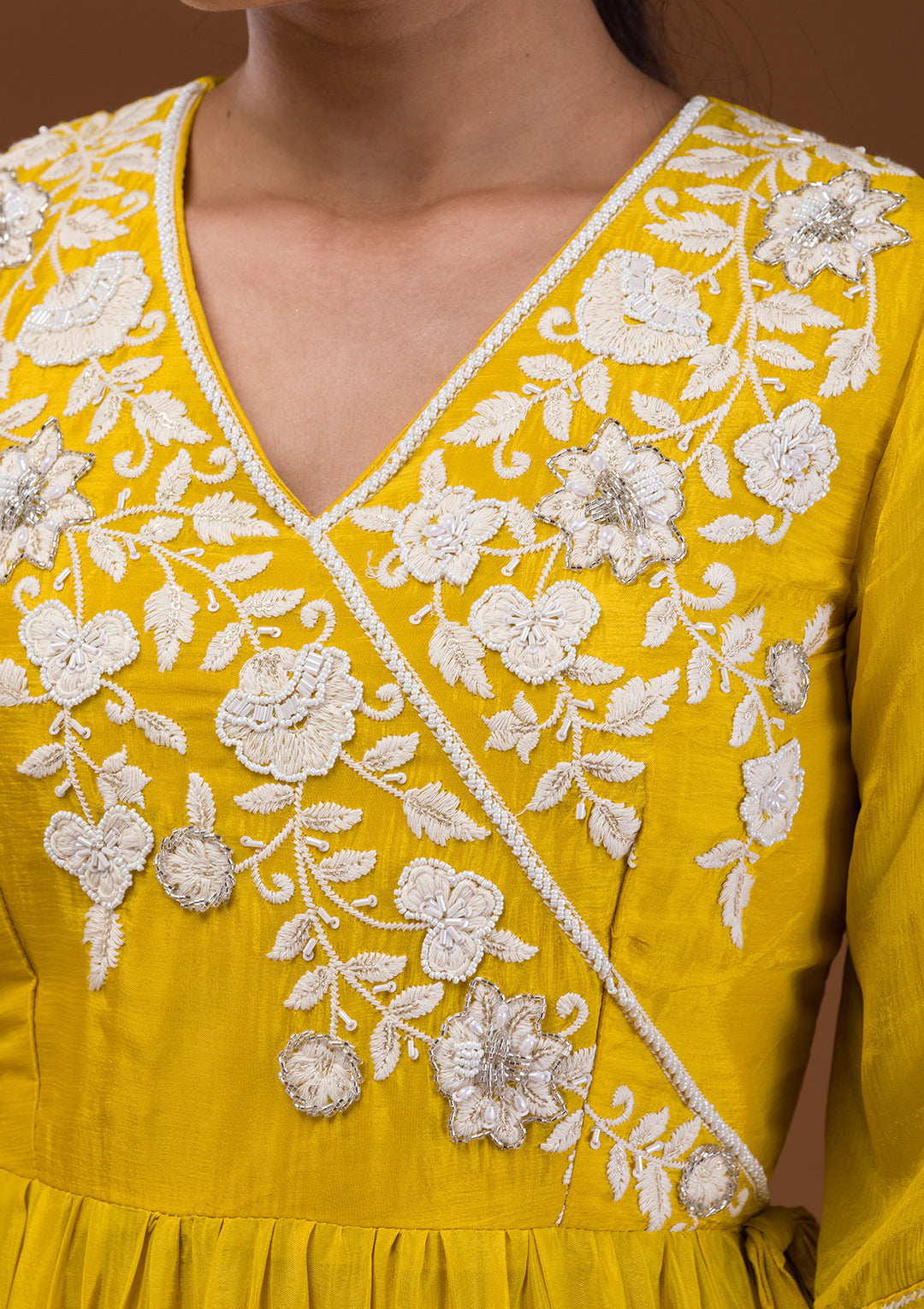 Yellow Threadwork Chiffon Readymade Salwar Suit