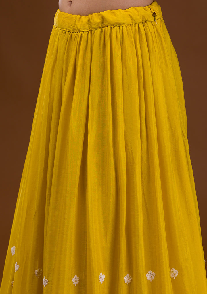 Yellow Threadwork Chiffon Readymade Salwar Suit