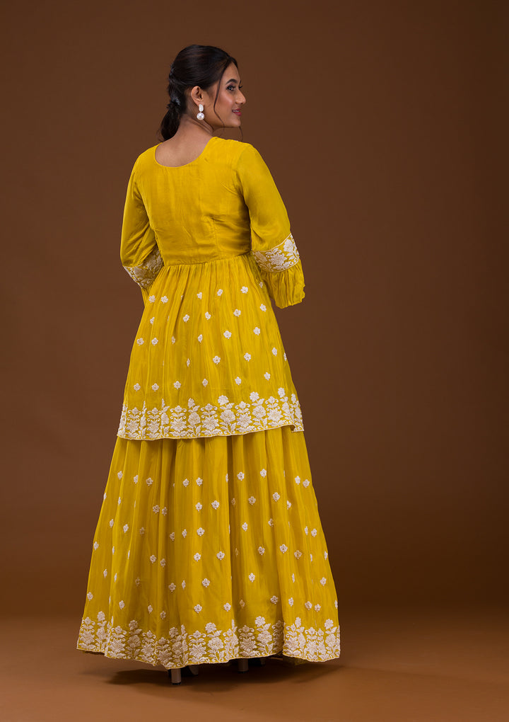 Yellow Threadwork Chiffon Readymade Salwar Suit