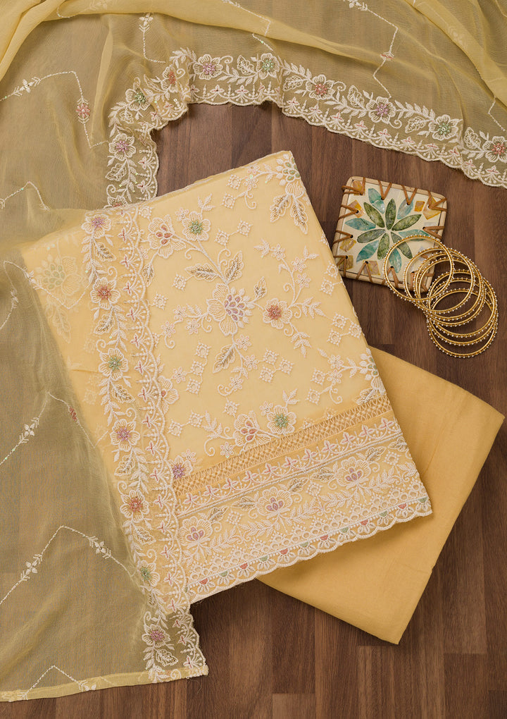 Yellow Threadwork Chiffon Unstitched Salwar Suit