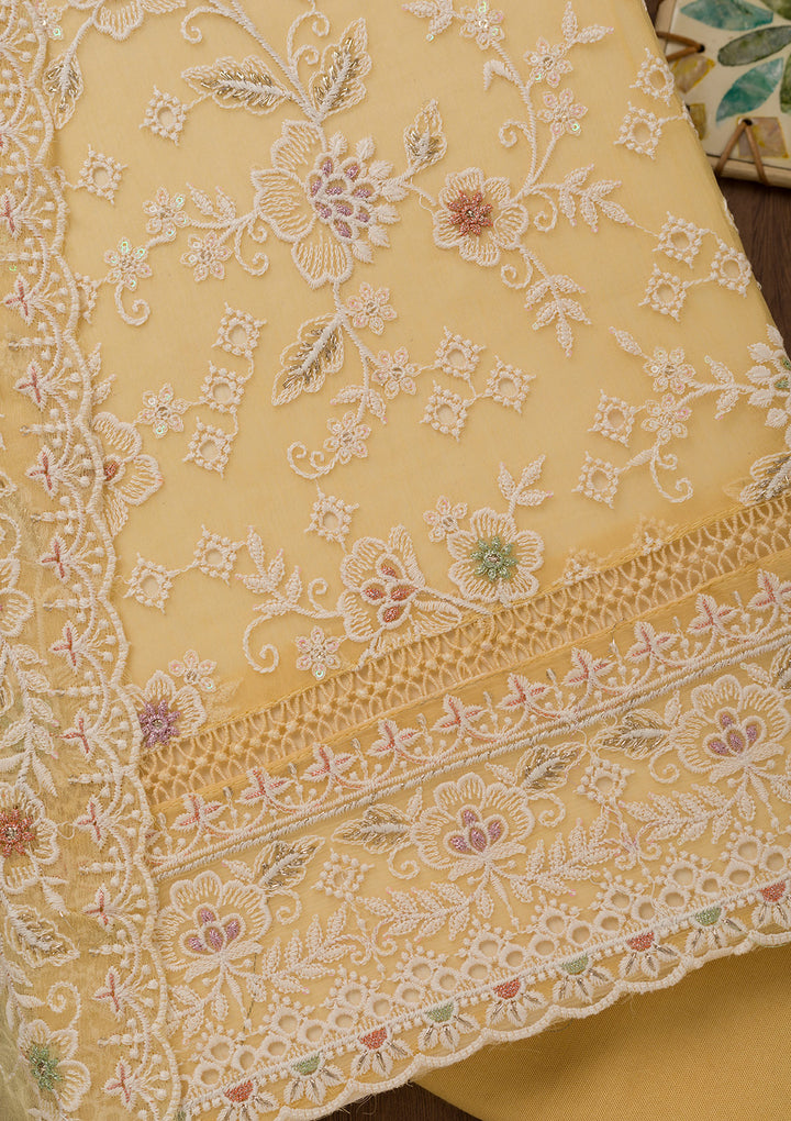 Yellow Threadwork Chiffon Unstitched Salwar Suit