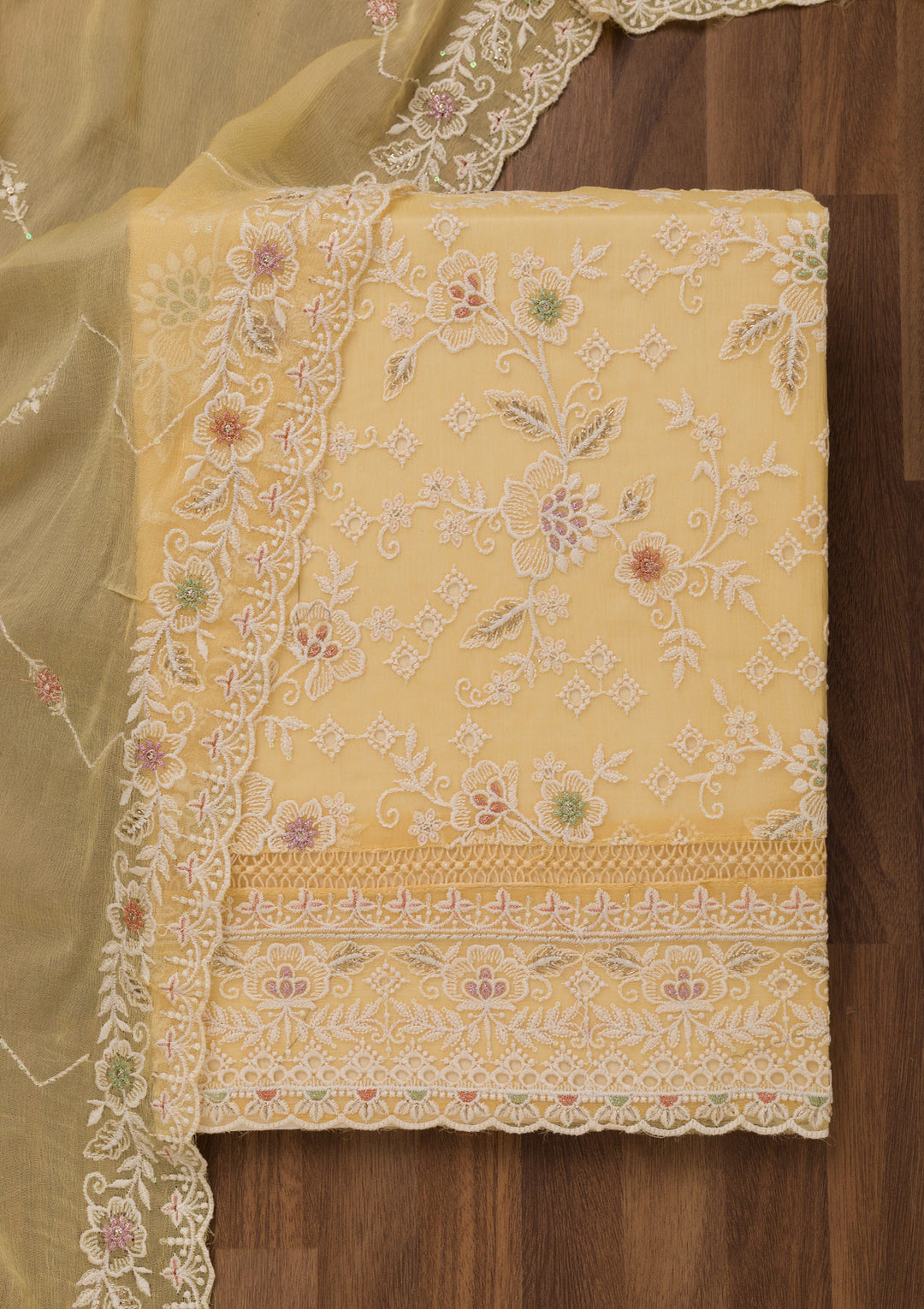 Yellow Threadwork Chiffon Unstitched Salwar Suit