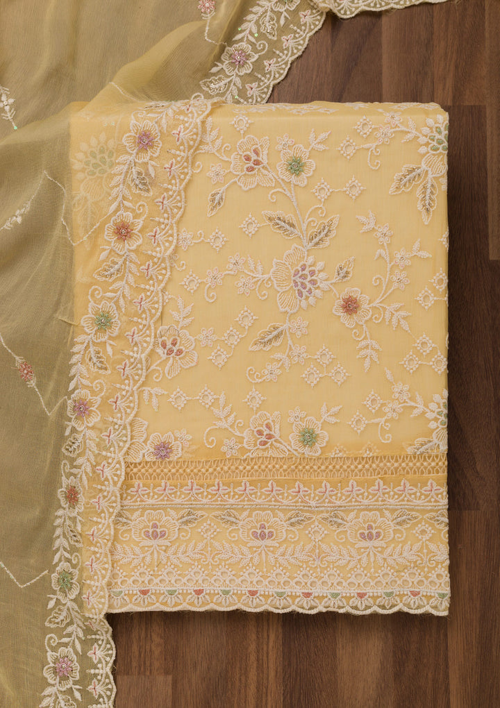 Yellow Threadwork Chiffon Unstitched Salwar Suit