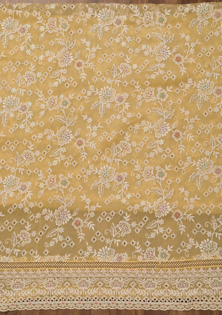 Yellow Threadwork Chiffon Unstitched Salwar Suit