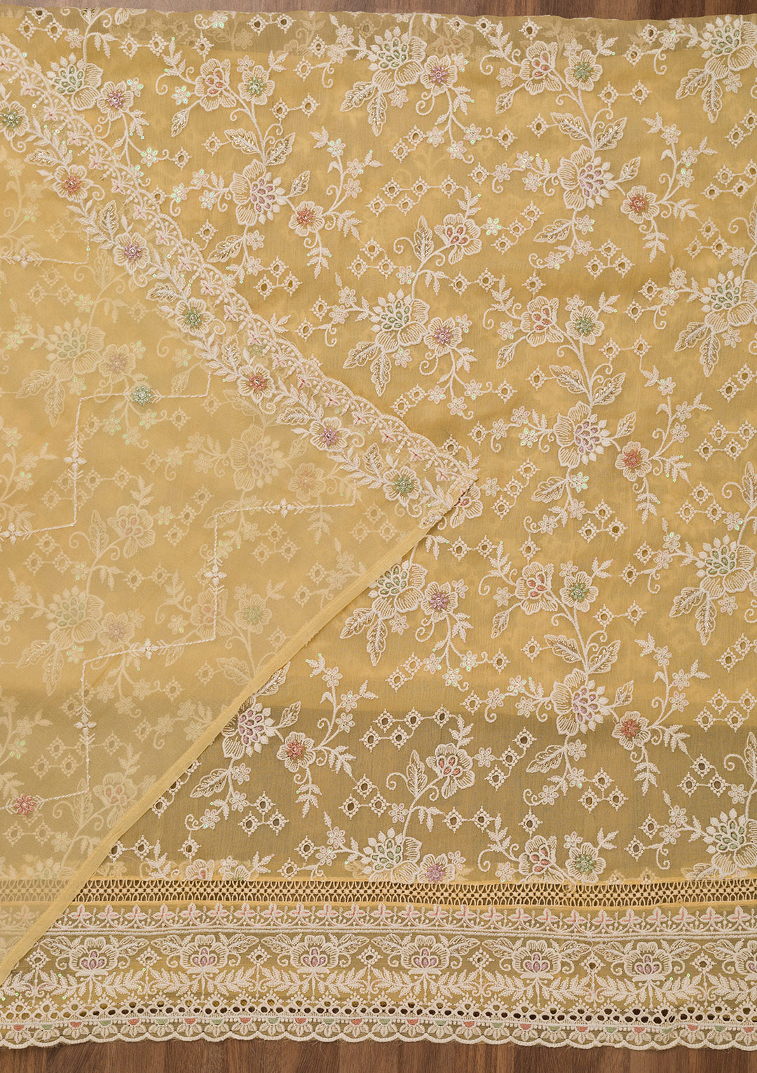 Yellow Threadwork Chiffon Unstitched Salwar Suit