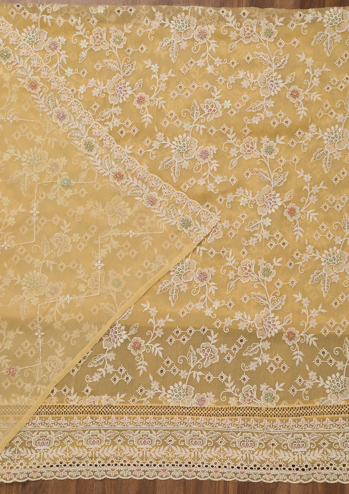 Yellow Threadwork Chiffon Unstitched Salwar Suit