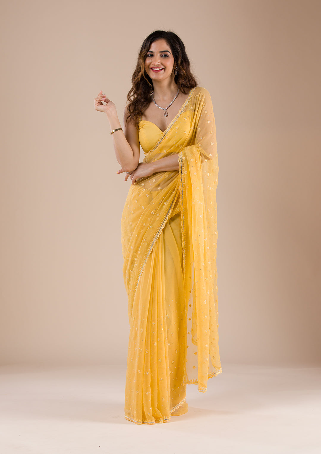 Yellow Dress for Haldi: Make Your Special Day Stunning 2024 5 koskii yellow threadwork chiffon designer saree