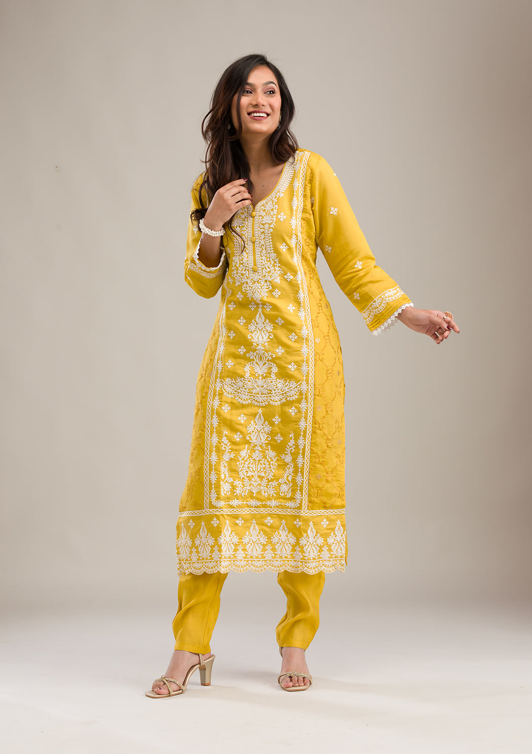 Yellow Threadwork Cotton Readymade Salwar Suit