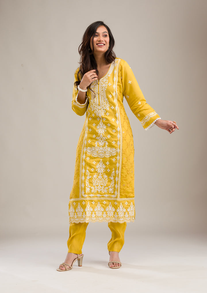 Yellow Threadwork Cotton Readymade Salwar Suit
