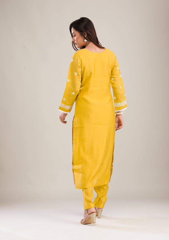 Yellow Threadwork Cotton Readymade Salwar Suit