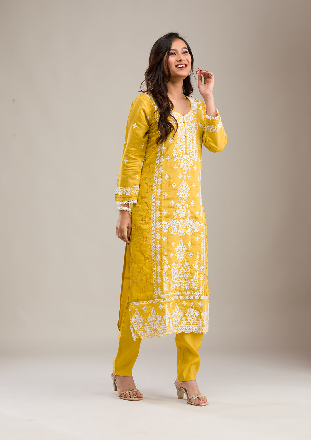 Yellow Threadwork Cotton Readymade Salwar Suit
