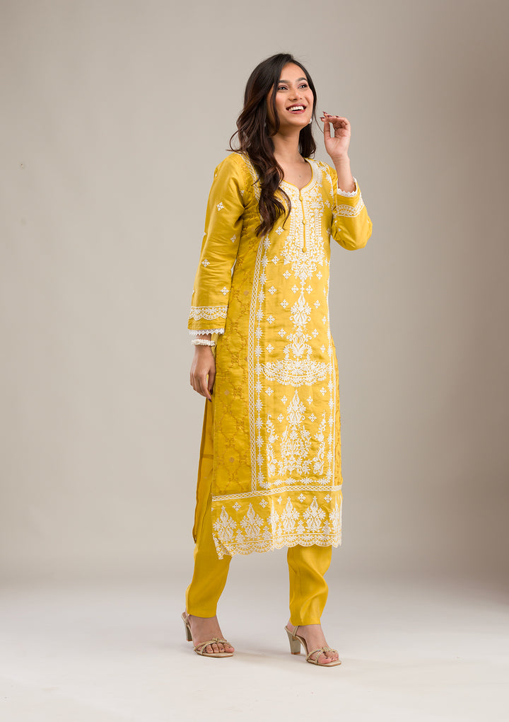Yellow Threadwork Cotton Readymade Salwar Suit