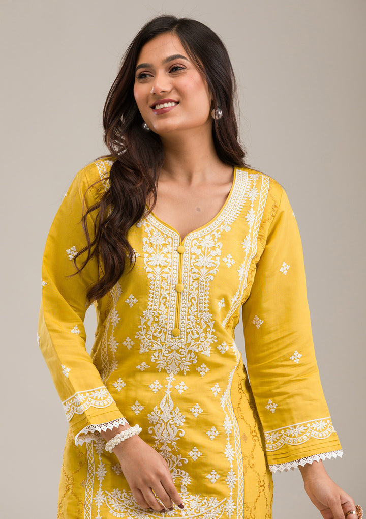 Yellow Threadwork Cotton Readymade Salwar Suit