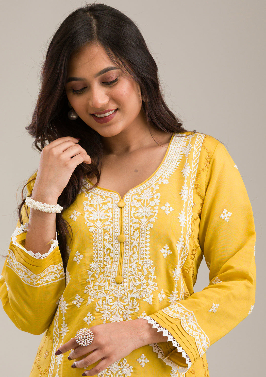 Yellow Threadwork Cotton Readymade Salwar Suit