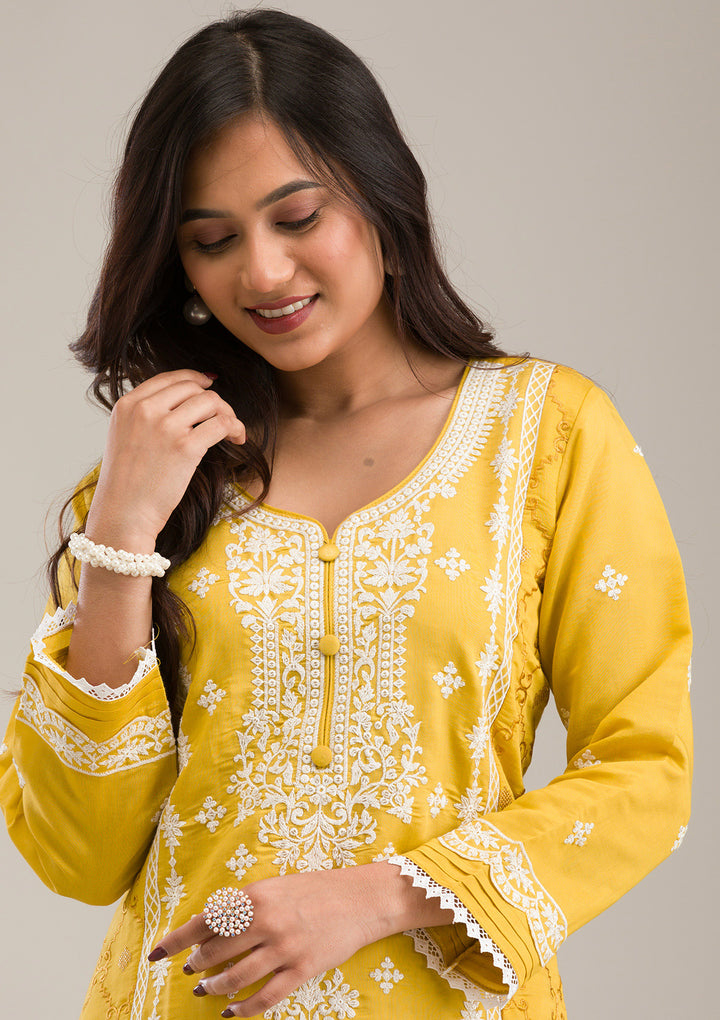 Yellow Threadwork Cotton Readymade Salwar Suit