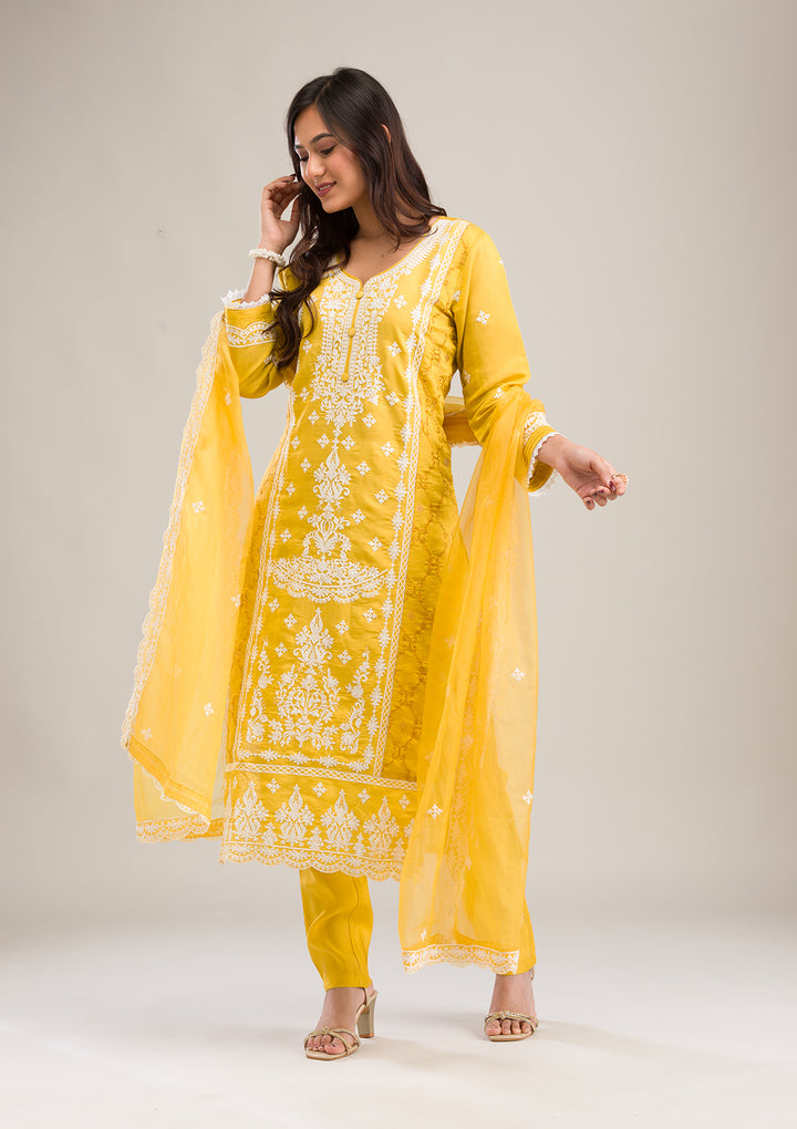 Yellow Threadwork Cotton Readymade Salwar Suit