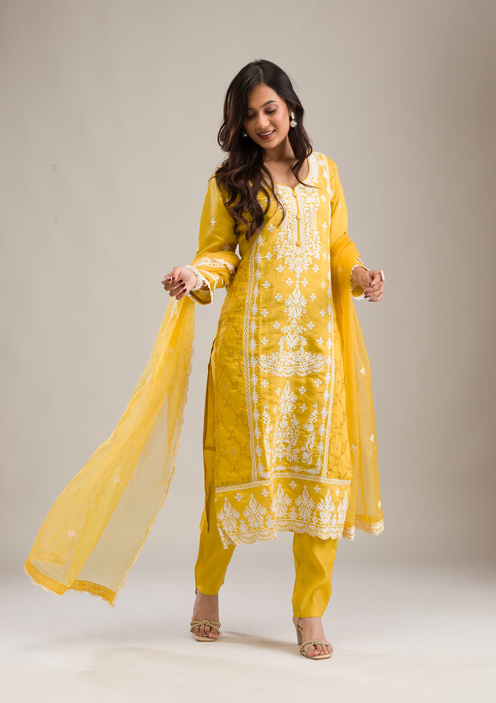 Yellow Threadwork Cotton Readymade Salwar Suit