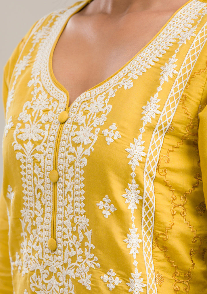 Yellow Threadwork Cotton Readymade Salwar Suit