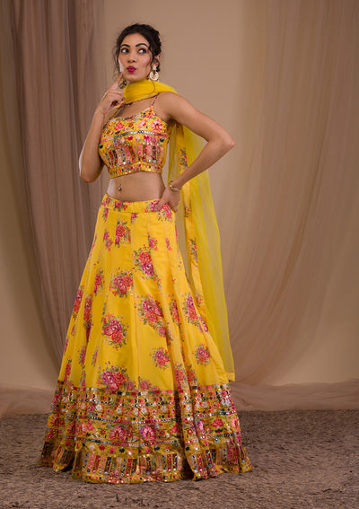 Yellow Threadwork Georgette Readymade Lehenga